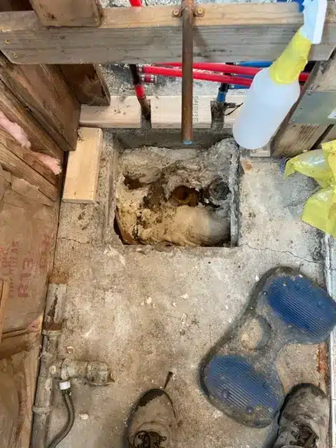 Polyurethane foam filling the void around a shower sanitary drain beneath a slab