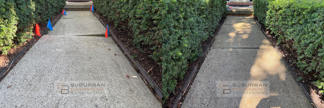 Before and after polyurethane concrete leveling on a front walkway in Rochester Hills, Oakland County MI
