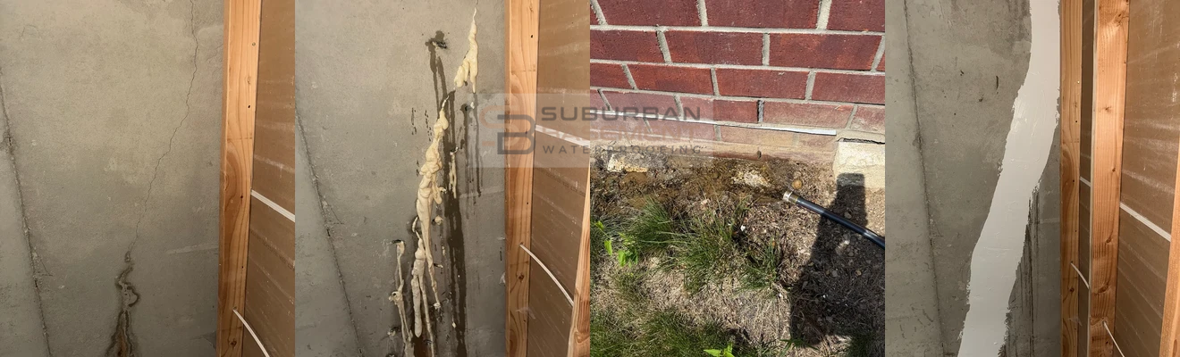 Basement crack repair in Shelby Township, Michigan — leaking crack, high-pressure urethane injection, water test, and finished signature patch