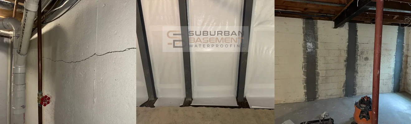 Bowing basement wall repair in Southeast Michigan showing a horizontal foundation wall crack, steel wall bracing, and carbon fiber straps