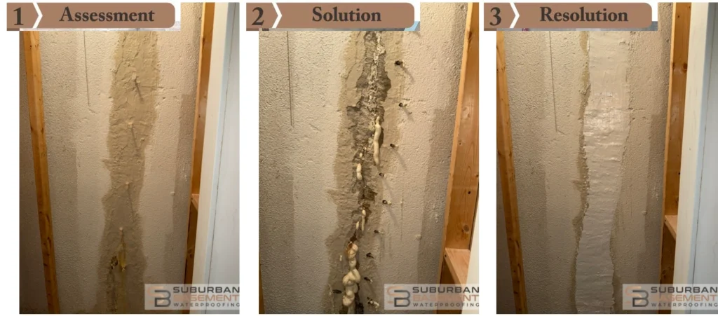 Three steps of basement crack repair in Macomb Township, Michigan: assessment of a failed previous repair, high-pressure injection, and the finished repair