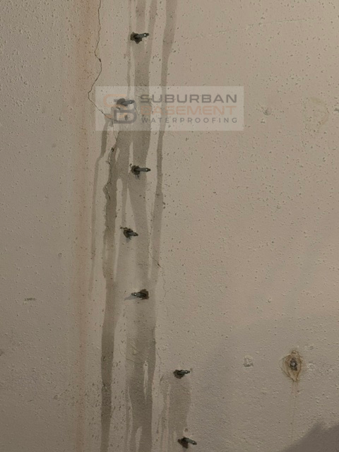 High-pressure injection port packers installed along a foundation wall crack in Bloomfield Hills, Michigan