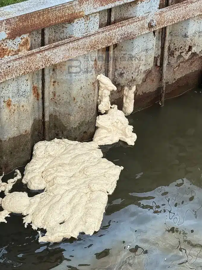 Close up of polyurethane foam coming through holes in a canal seawall in Harrison Township MI