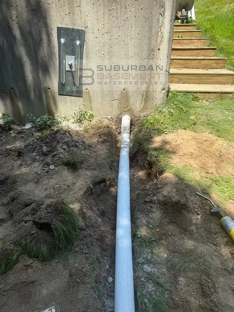 Drain tile discharge line cored through a concrete retaining wall in Farmington Hills MI