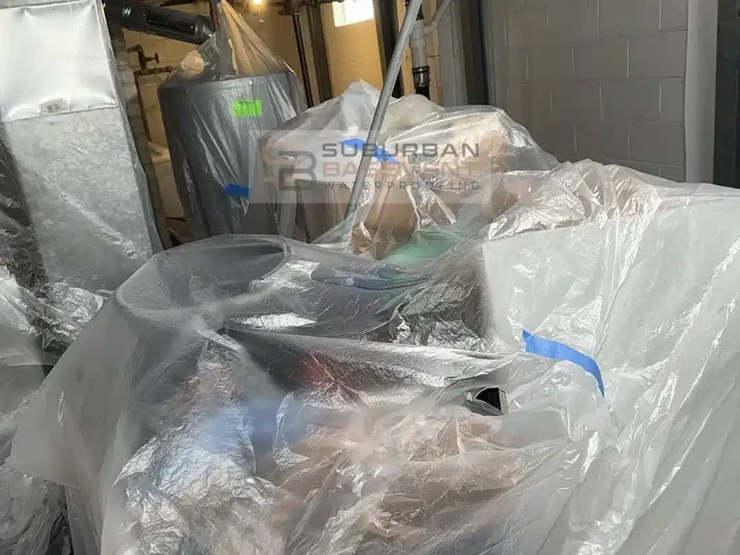 Plastic sheeting taped over stored belongings, the hot water tank and the furnace in a Ferndale MI basement before drain tile installation
