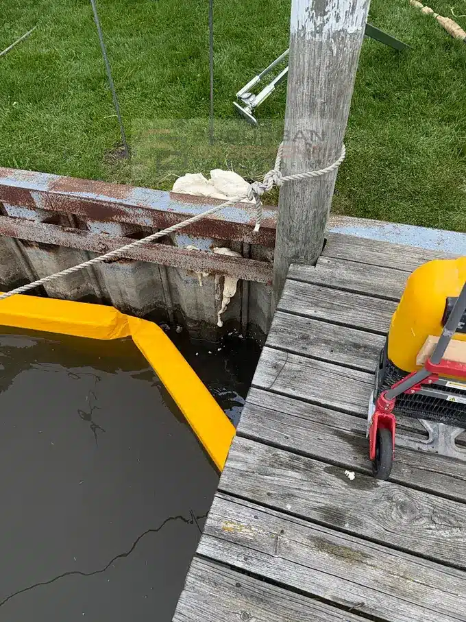 Polyurethane foam at a canal seawall in Harrison Township MI with a turbidity barrier in the water