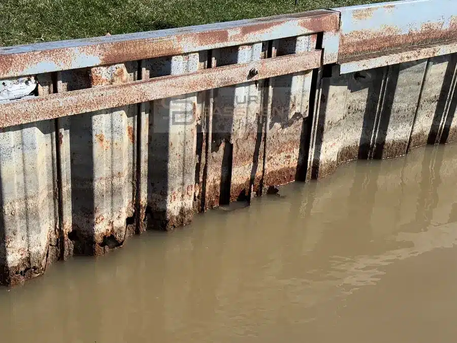 Rust holes through a steel canal seawall at the waterline in Harrison Township MI