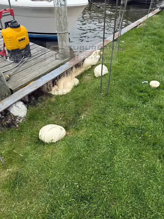 Polyurethane injection lances along a canal seawall in Harrison Township MI with foam pushed up through the lawn and along the wall