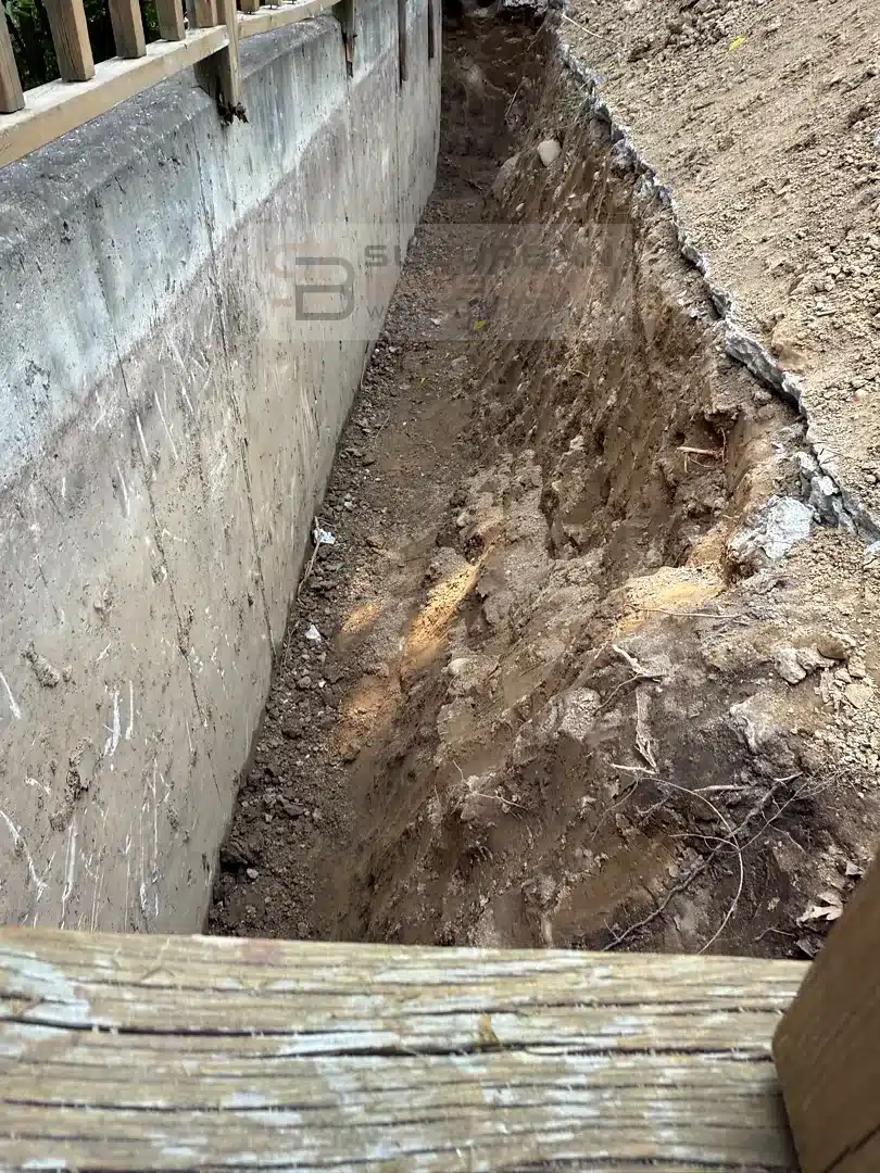 Trench excavated along the back of a retaining wall down to the footing in Farmington Hills MI