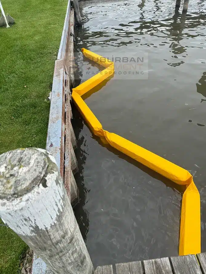 Yellow turbidity barrier set in a canal alongside a seawall in Harrison Township MI before grouting